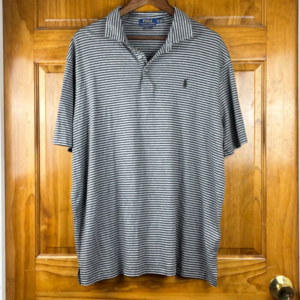 Polo Ralph Lauren Mens XL Grey Black Striped Short Sleeve Polo Shirt Classic Fit